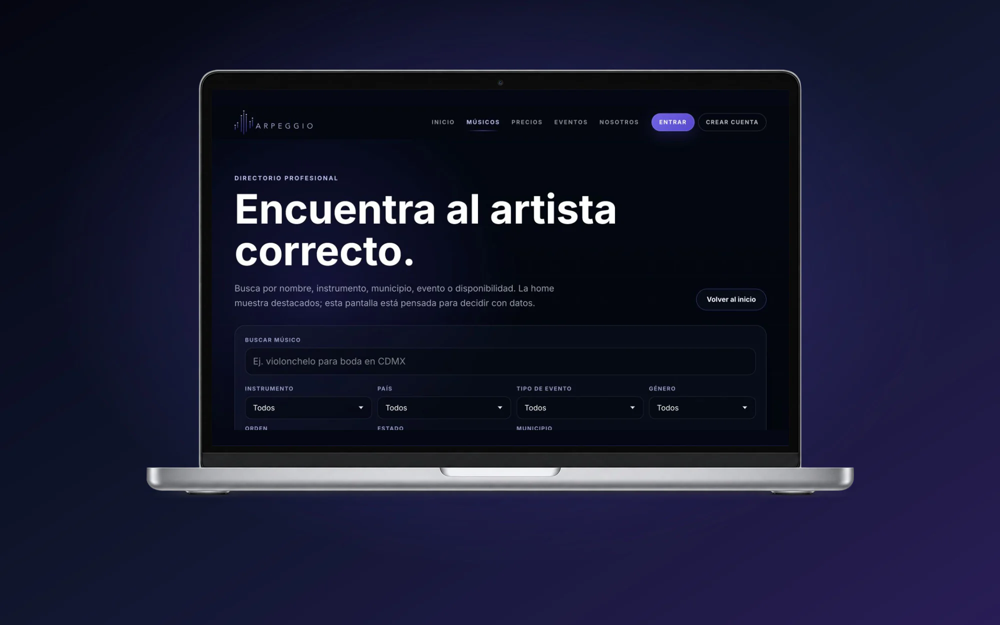 Directorio de músicos de Arpeggio presentado en computadora