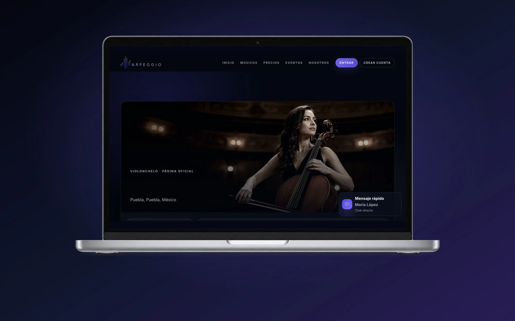 Perfil público de una artista en Arpeggio presentado en computadora