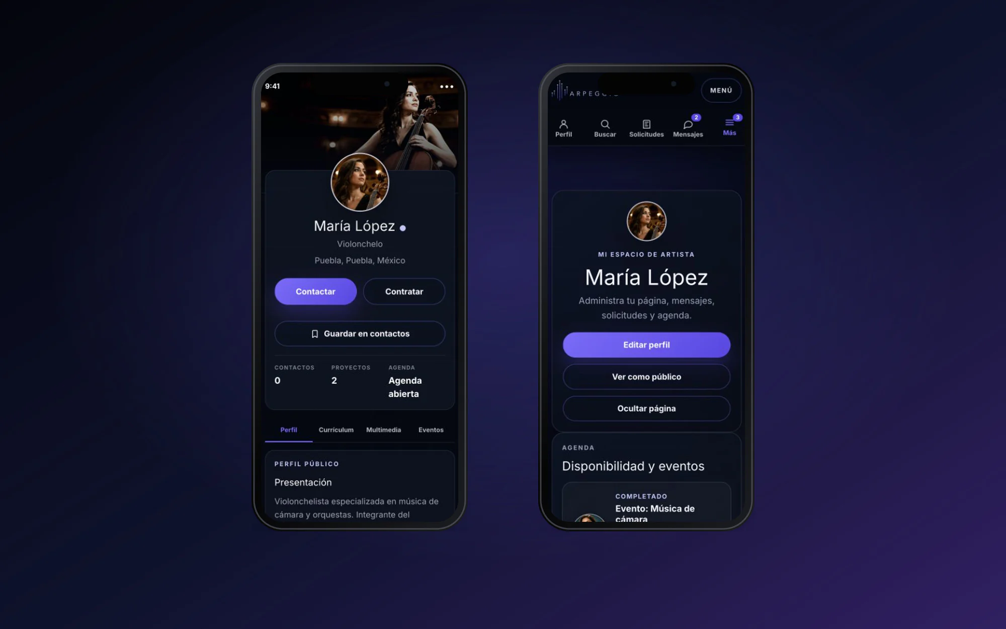 Perfil público y agenda de Arpeggio presentados en teléfonos