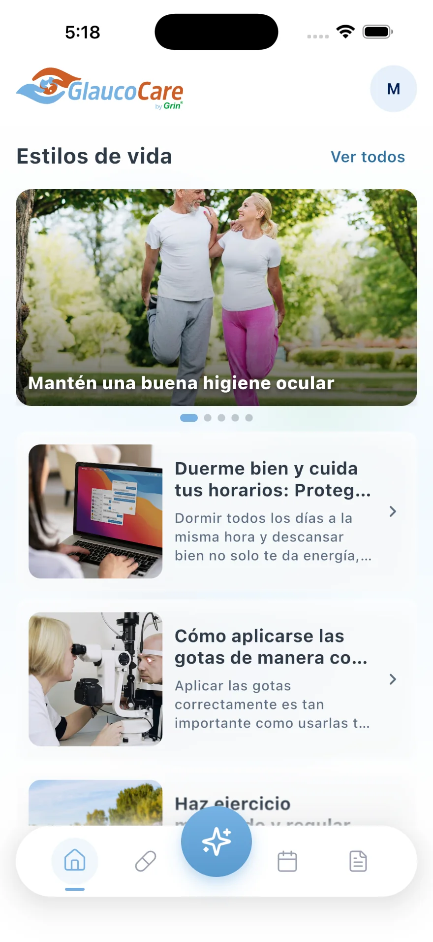 Pantalla de inicio de GlaucoCare con contenidos sobre estilos de vida