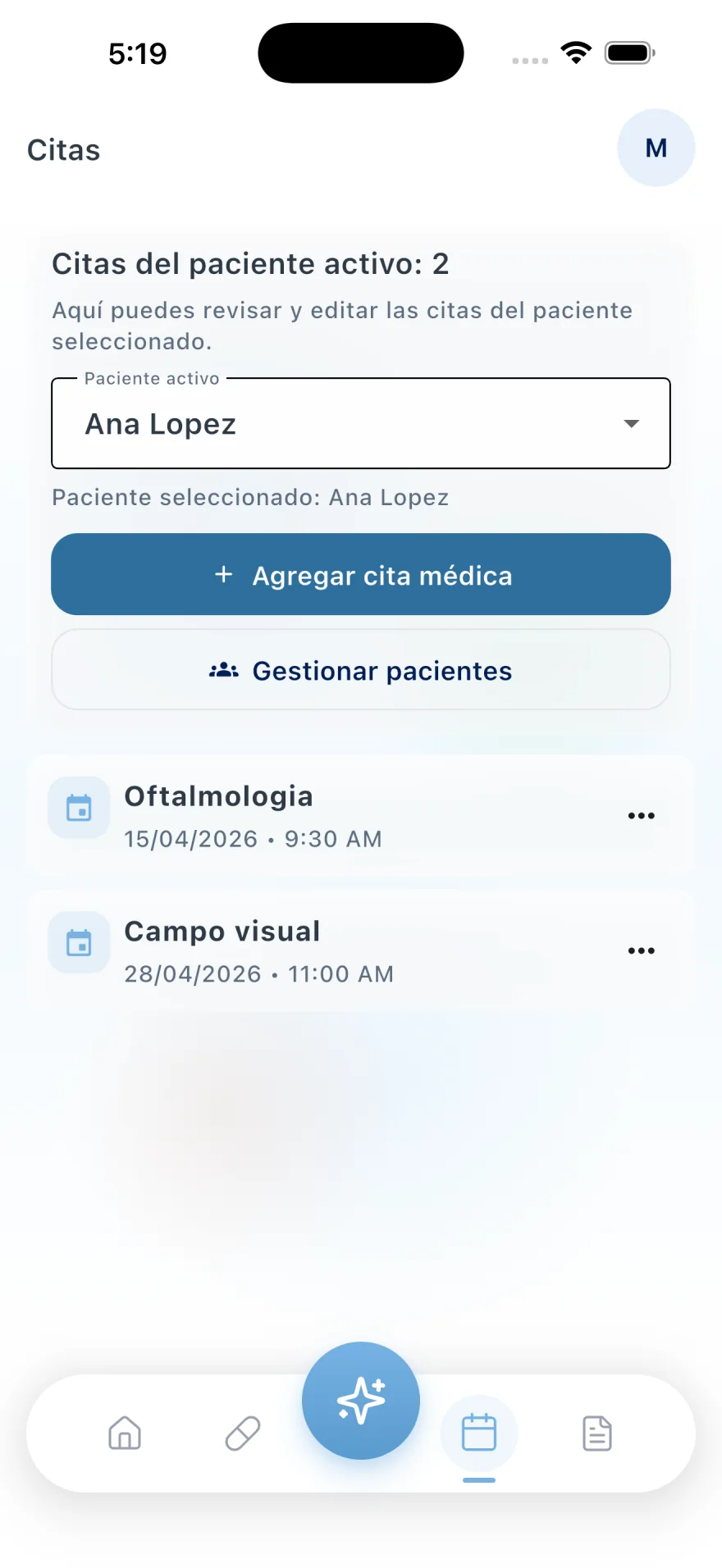 Pantalla de próximas citas en GlaucoCare