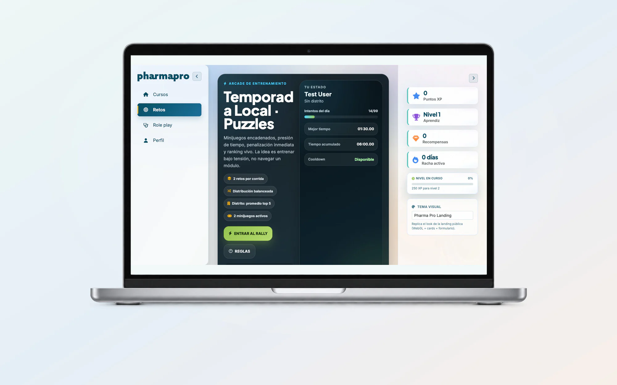 Lobby actualizado del Rally de PharmaPro presentado en una computadora completa